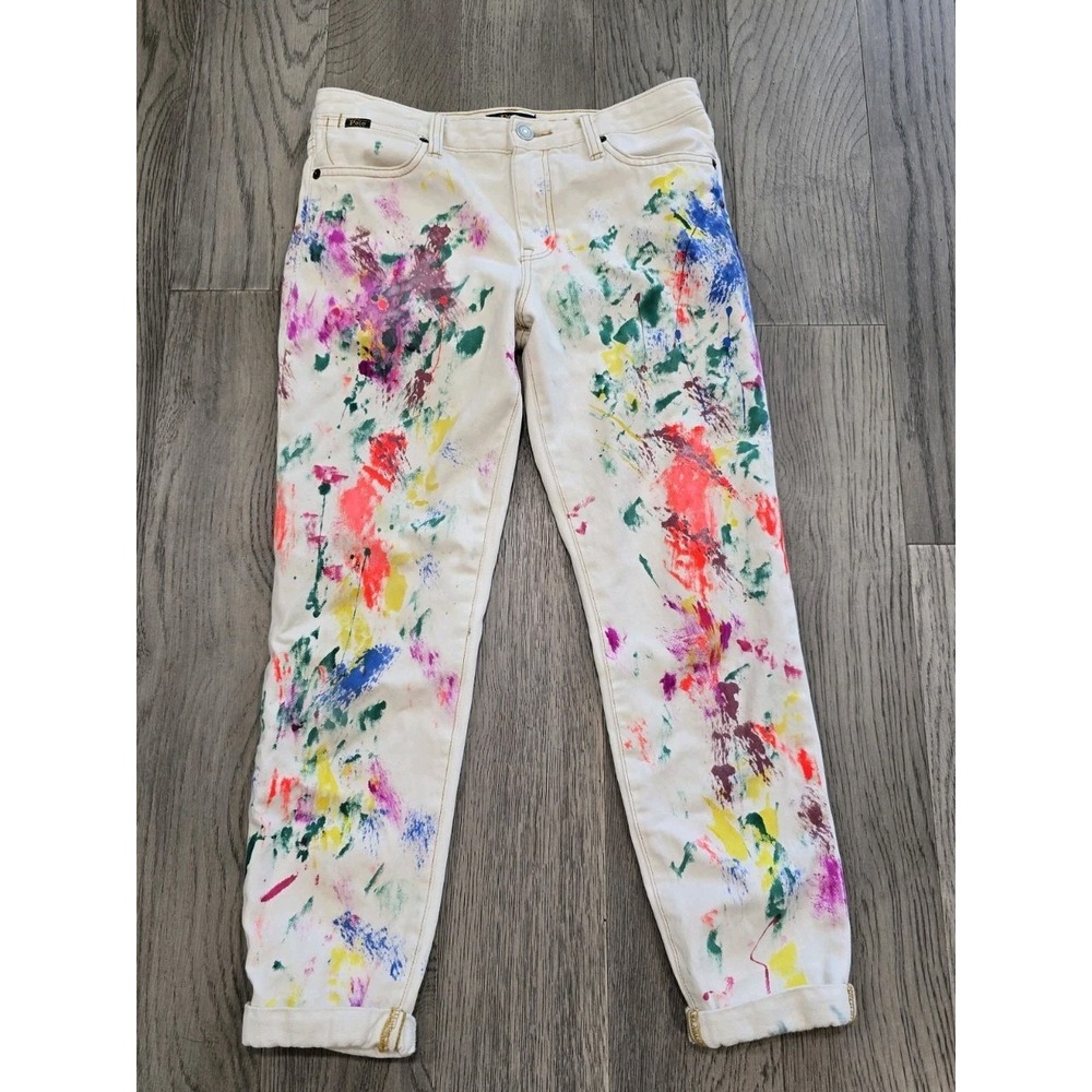 Polo Ralph Lauren Astor Slim Boyfriend Paint Splatter White Jeans Girls Size 14